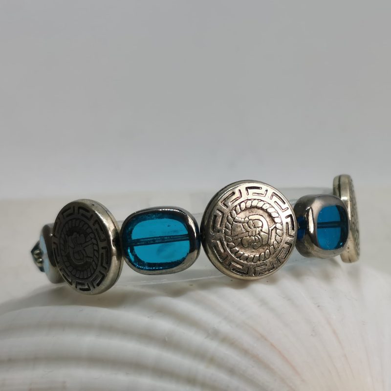 Roman Style Silver Coins Adjustable Bracelet with Teal Hexagonal Quartz and Blue Glass Ovals