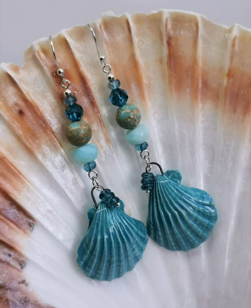 Turquoise Teal Cockleshell Ceramic Shell Charm Sterling Silver Dangle Earrings with Imperial Jasper