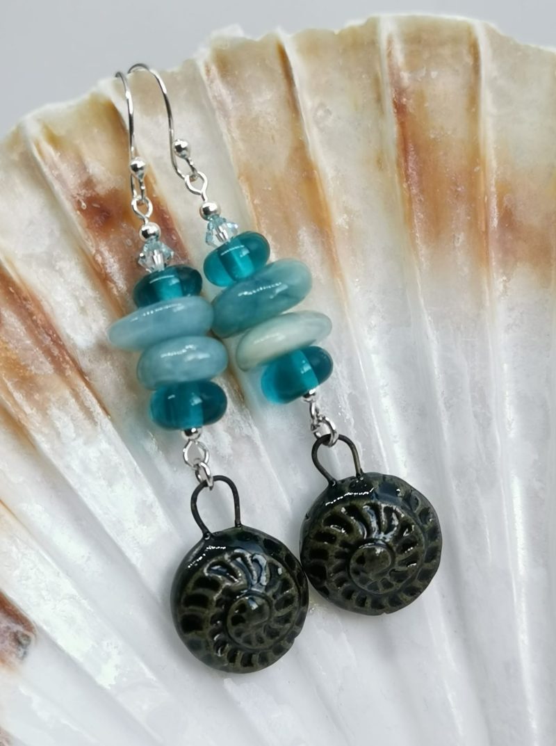 Teal Turquoise Aquamarine and Lampwork Glass Dangle Earrings with Ceramic Ammonite Charms