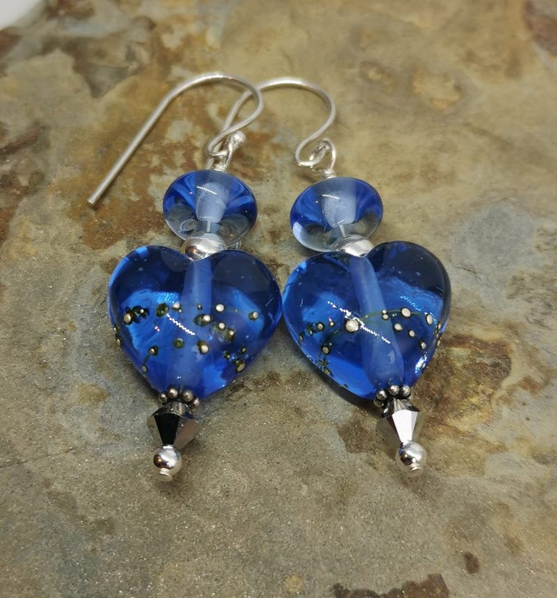 Blue and Silver Heart Shaped Lampwork Glass Dangle Earrings with Austrian Crystal