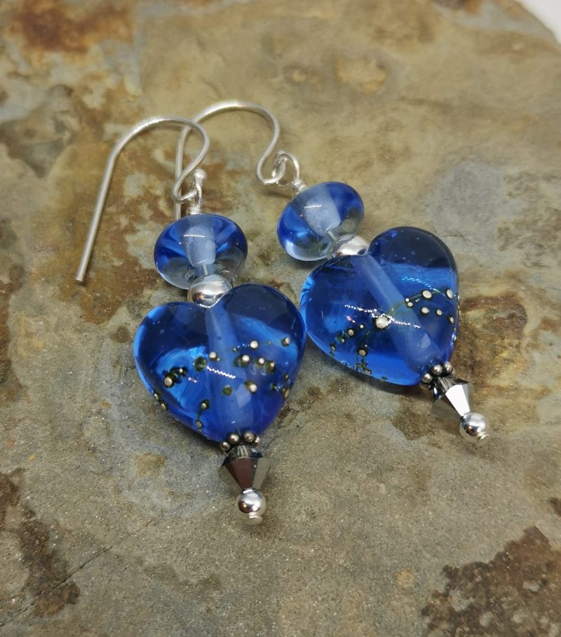 Blue and Silver Heart Shaped Lampwork Glass Dangle Earrings with Austrian Crystal