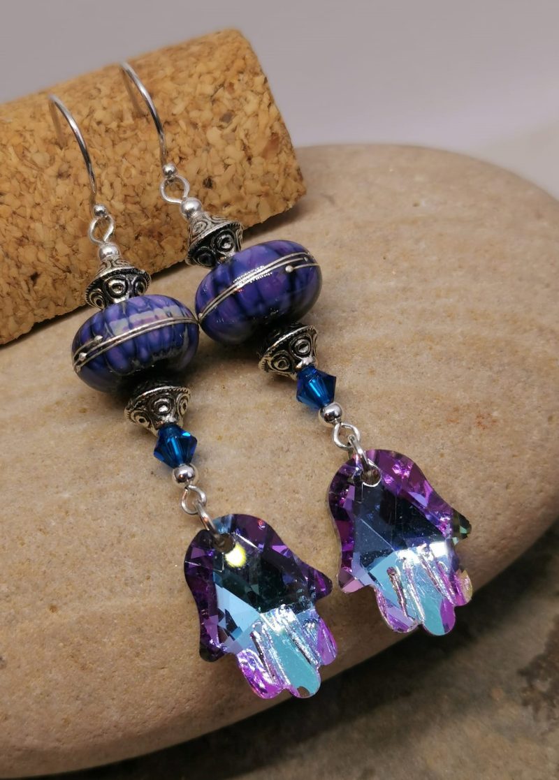 Purple Lampwork Glass and Czech Crystal Hamsa Hands Dangle Earrings for Pierced Ears
