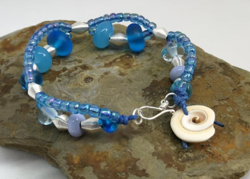 Blue Lampwork Glass Bracelet | Sterling Silver Hook and Eye Fastener | Shell Slice Charm