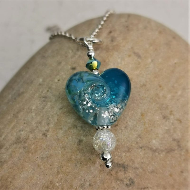Turquoise Heart Pendant | Lampwork Glass | White Silver Swirls | Sterling Silver Chain