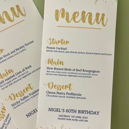 Blue & Gold Confetti Menu Cards