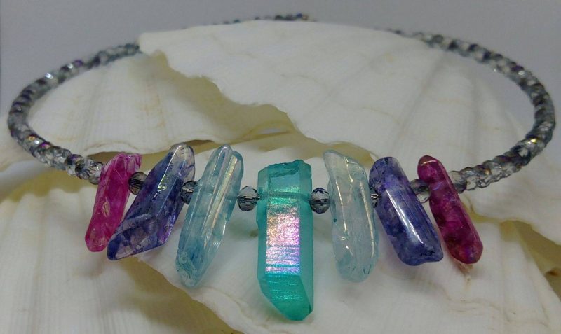 Crystal Points Choker Necklace | Pink Purple and Turquoise | Titanium Coated
