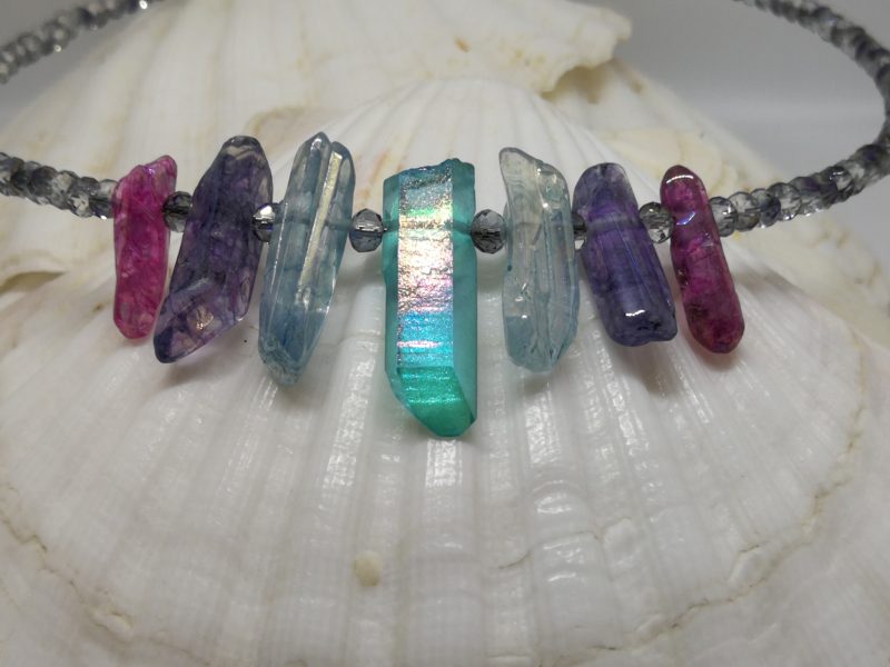 Crystal Points Choker Necklace | Pink Purple and Turquoise | Titanium Coated