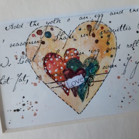 A mounted ACEO Painting of Hearts and the word LOVE