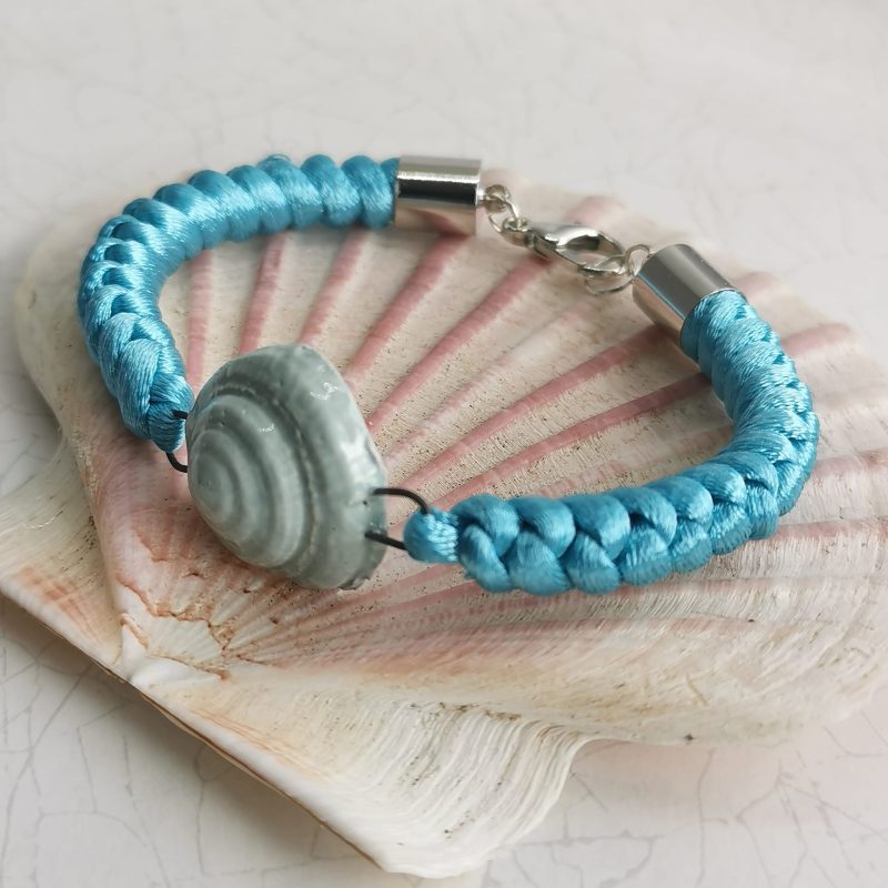 Turquoise Chinese Knot Bracelet | Snakeknotted Satin Cord | Aqua Ceramic Shell Focal