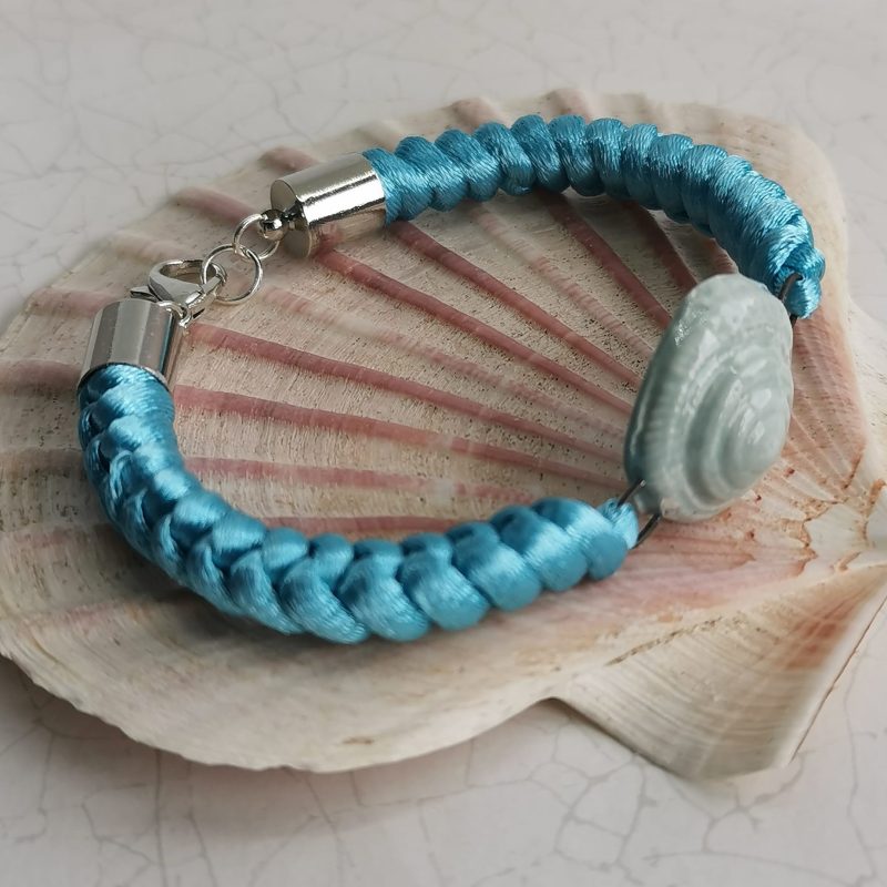 Turquoise Chinese Knot Bracelet | Snakeknotted Satin Cord | Aqua Ceramic Shell Focal
