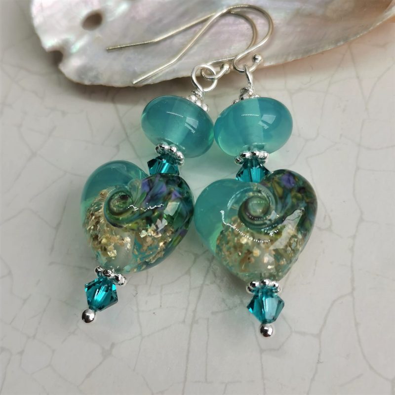 Teal Heart Earrings | Lampwork Glass | Crystal | Sterling Silver