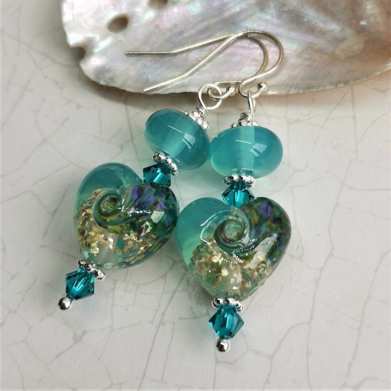 Teal Heart Earrings | Lampwork Glass | Crystal | Sterling Silver