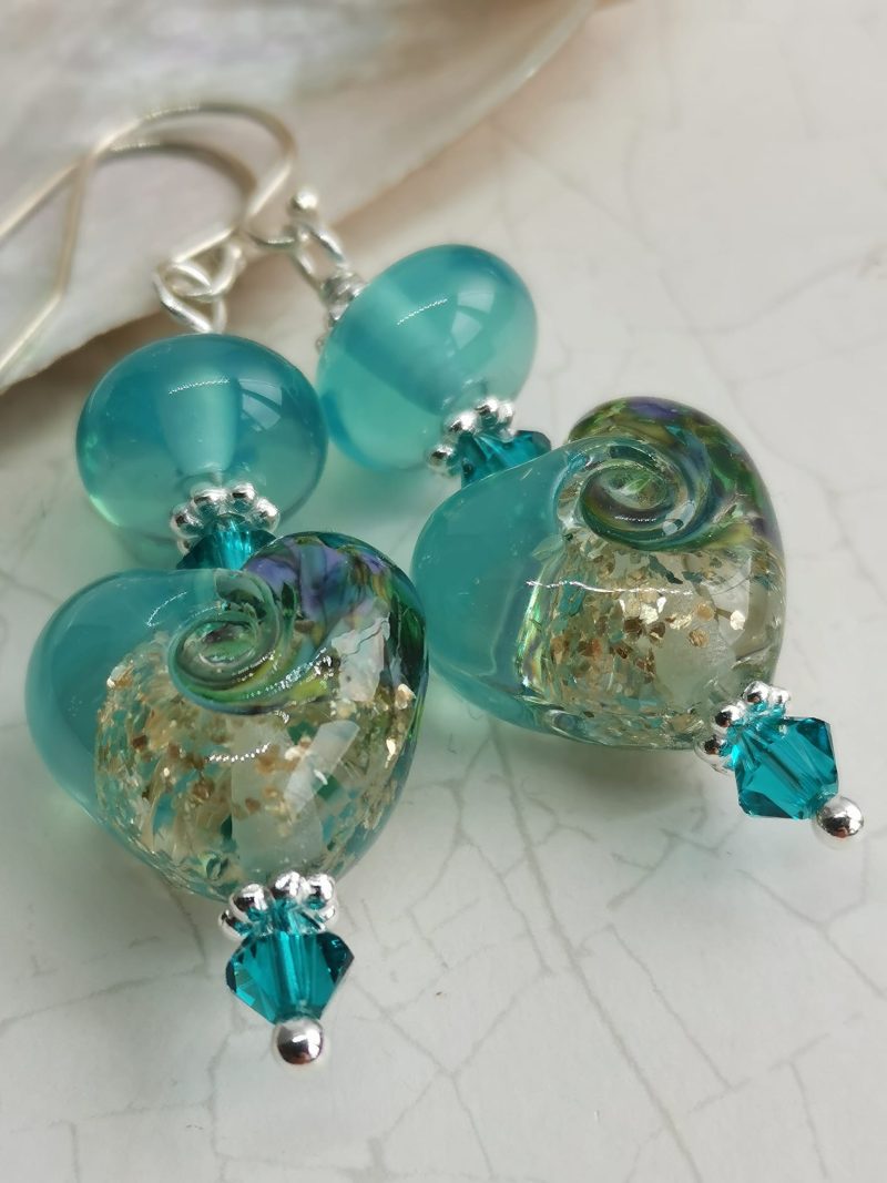 Teal Heart Earrings | Lampwork Glass | Crystal | Sterling Silver
