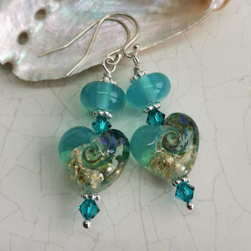 Teal Heart Earrings | Lampwork Glass | Crystal | Sterling Silver