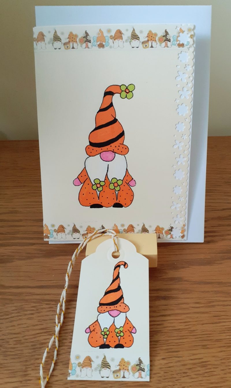Hand made/painted gonk/summer/bee/flower theme card and envelope with painted gift tag