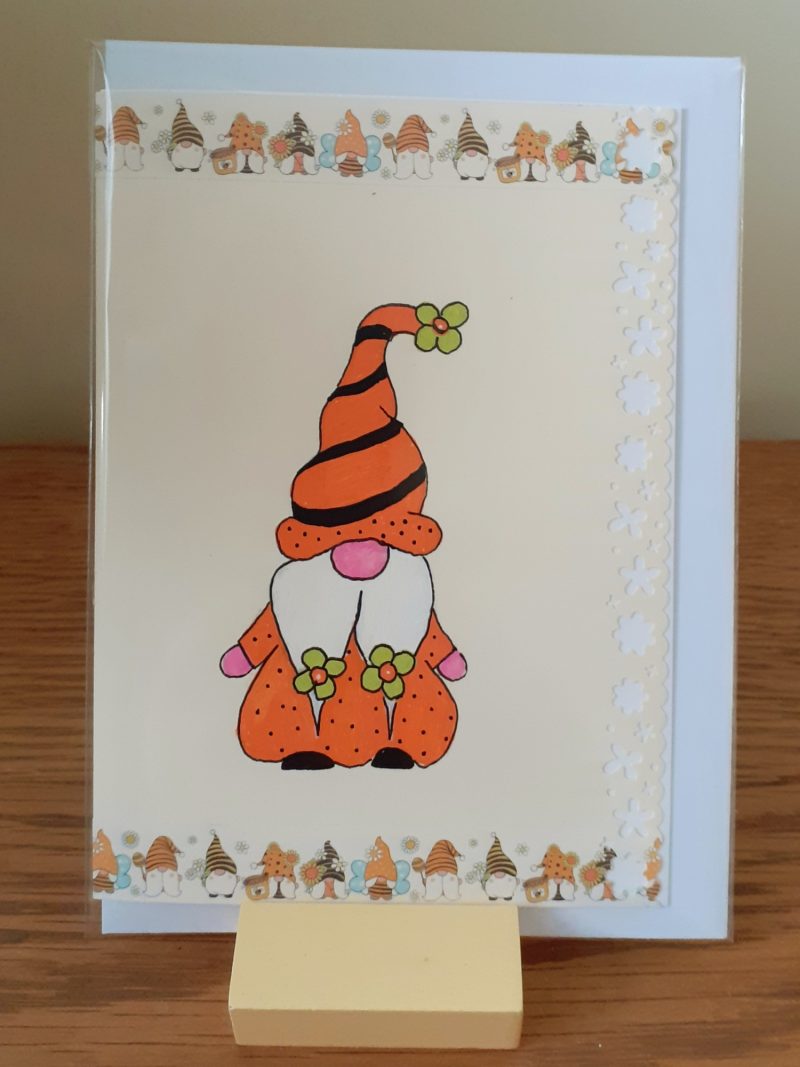 Hand made/painted gonk/summer/bee/flower theme card and envelope with painted gift tag
