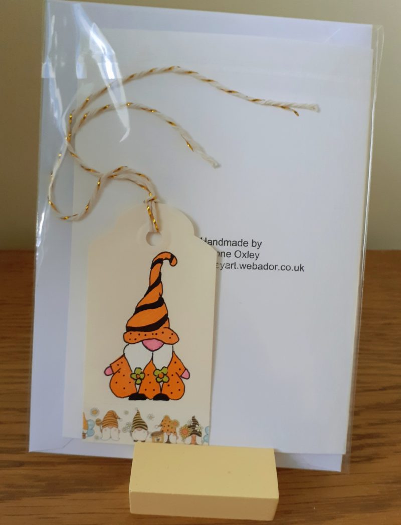 Hand made/painted gonk/summer/bee/flower theme card and envelope with painted gift tag