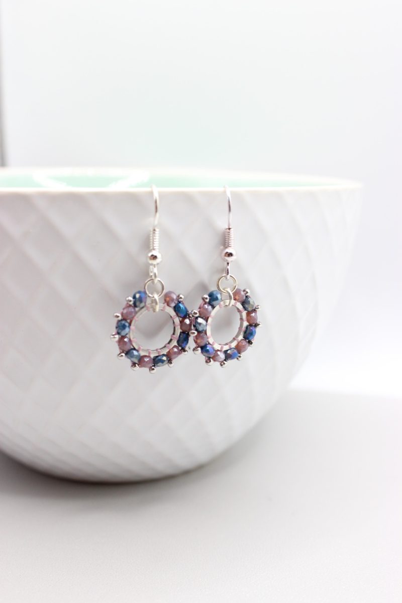 Handwoven Beaded Mini Crystal Hoop Dangle Earrings - Mauve and Blue