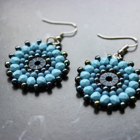 Ferris Wheel Earrings - handcrafted round dangle seed bead / beaded earrings - Denim