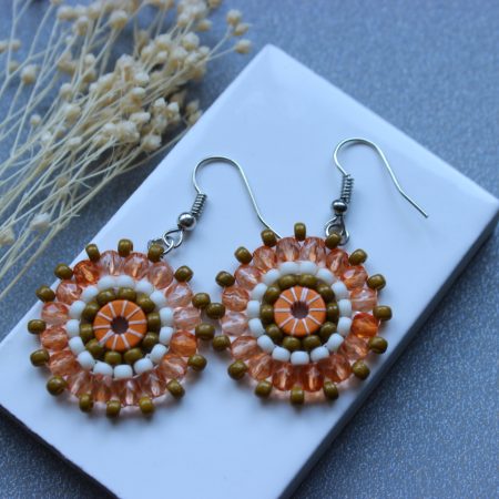 Ferris Wheel Earrings - handcrafted round dangle seed bead / beaded earrings - Canteloupe