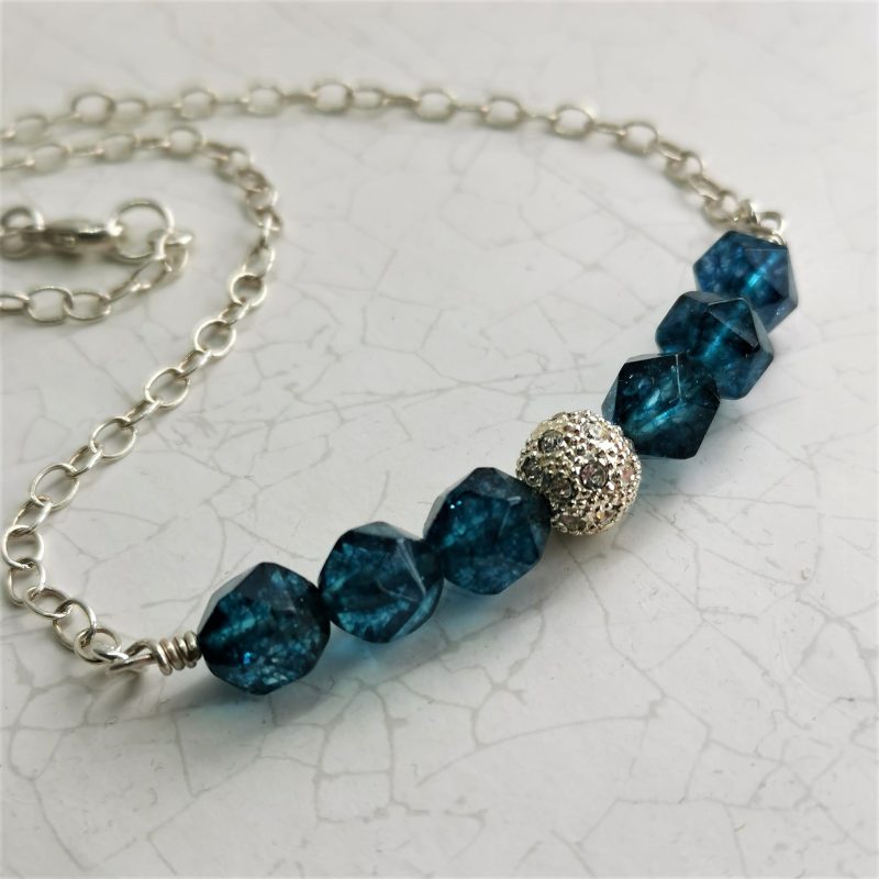 Teal Quartz Necklace made with Sterling SilverTrace Chain with Lobster Clasp Fastener