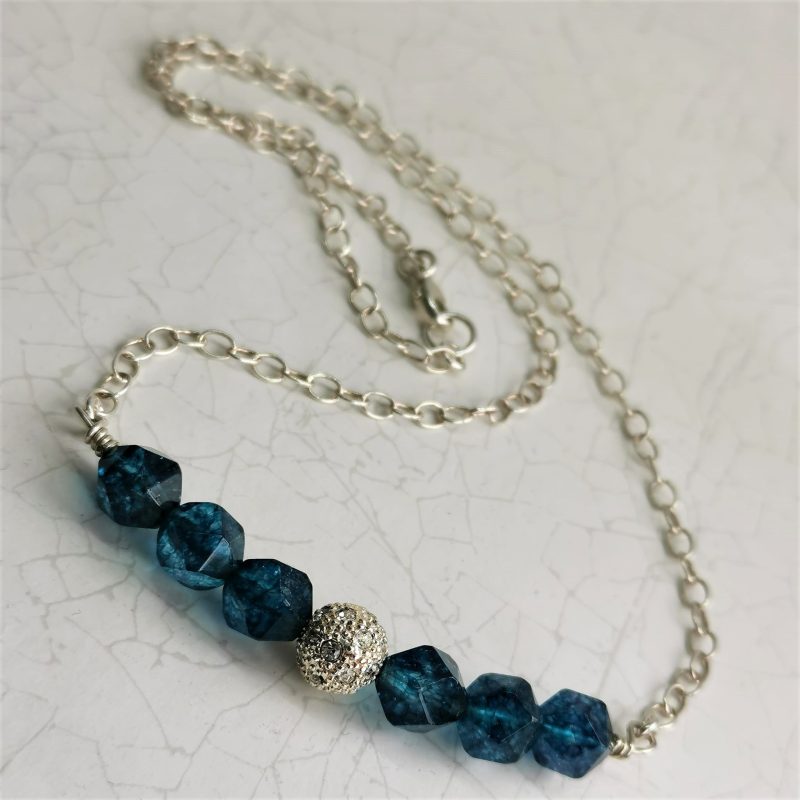 Teal Quartz Necklace made with Sterling SilverTrace Chain with Lobster Clasp Fastener