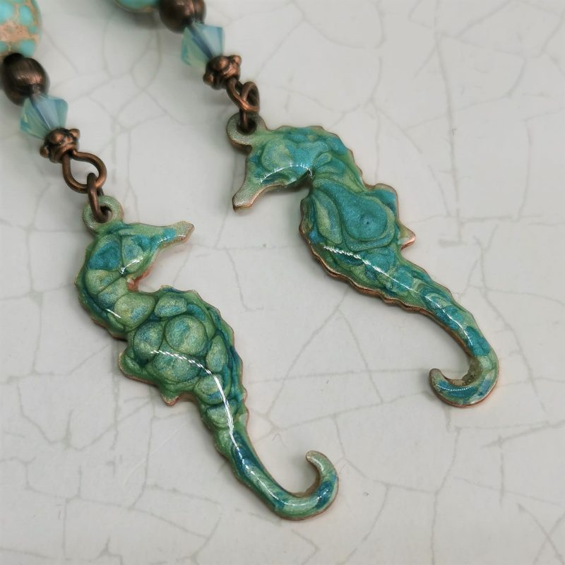 Turquoise Seahorse Dangle Earrings | Lampwork Glass | Imperial Jasper | Enamel Charms