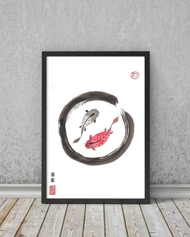 JAPANESE Print | KOI CARP ENSO | Sumi-e | Fish | Calligraphy decor Print New Home Gift for him her