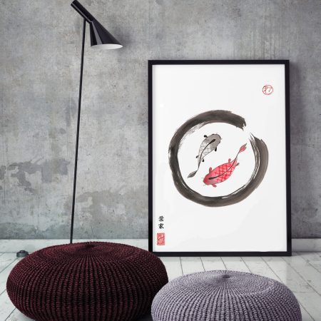 JAPANESE Print | KOI CARP ENSO | Sumi-e | Fish | Calligraphy decor Print New Home Gift for him her