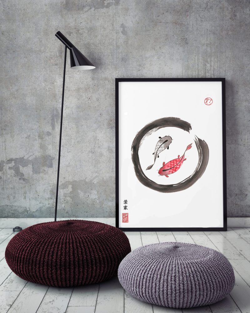 JAPANESE Print | KOI CARP ENSO | Sumi-e | Fish | Calligraphy decor Print New Home Gift for him her