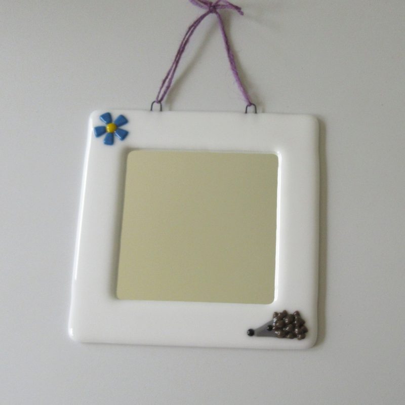 Handmade Hedgehog Fused Glass Mirror - a beautiful frame with a cute hedgehog