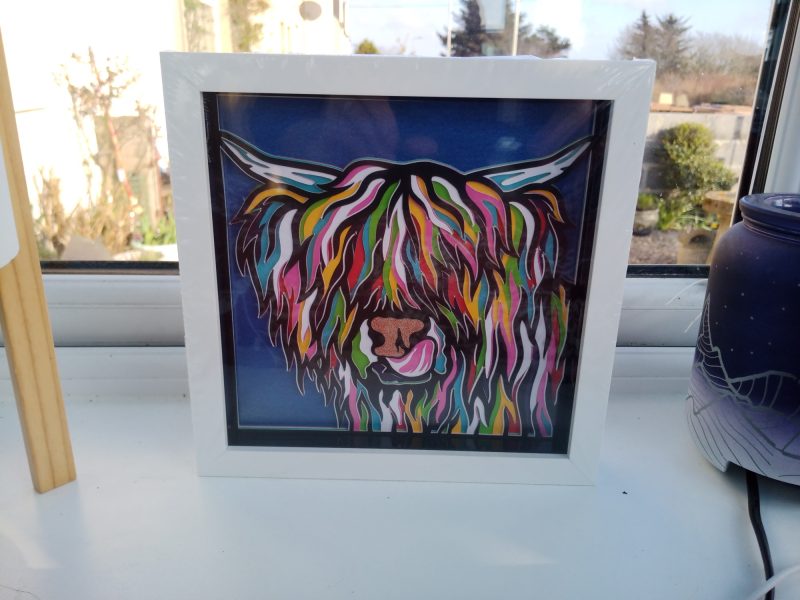 3D Art, Highland Cow, multi Coloured, multi Layered Shadow Box Art