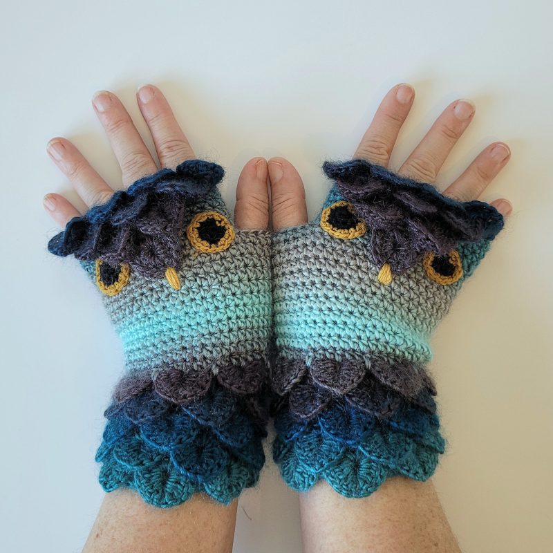 One Of A Kind hand crocheted OWL fingerless gloves - Small / Med - Sky Blue