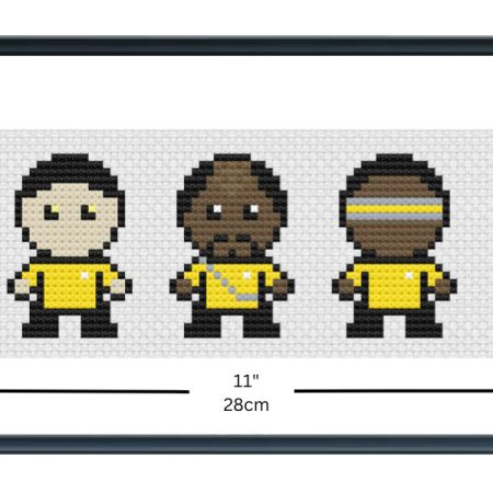 Cross stitch design of the Star Trek The Next Generation crew, with dimensions