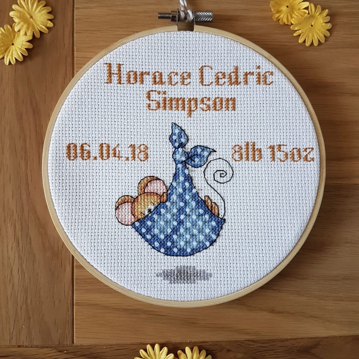 Handmade Birth Announcement Cross Stitch Hoop, Personalised Baby Stats Keepsake