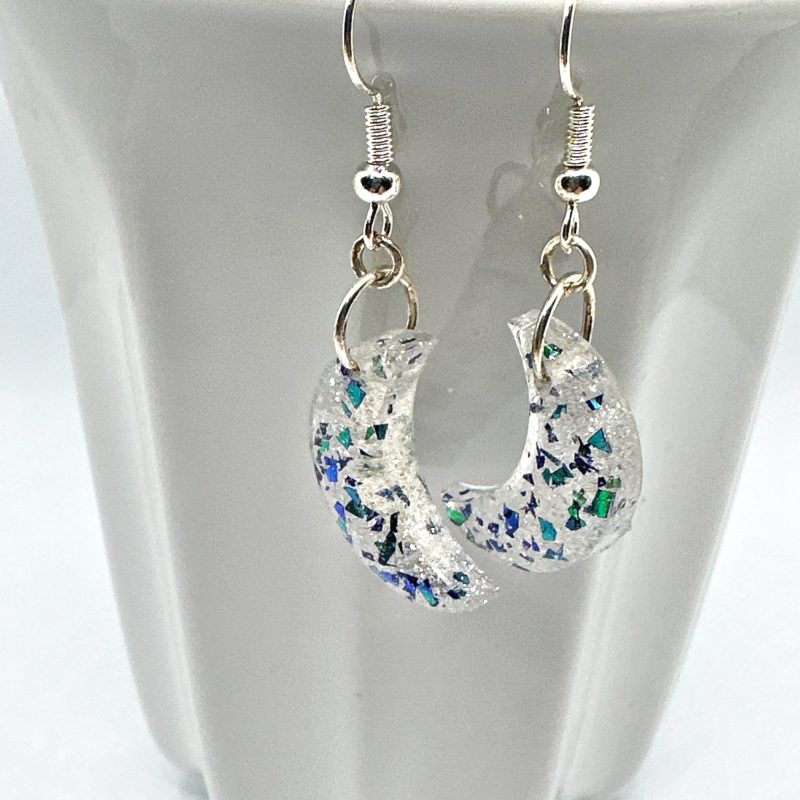 Cute Crescent Moon Earrings | White and blue glitter mix earrings
