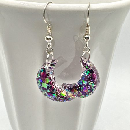 Cute Crescent Moon Earrings | Purple glitter mix earrings