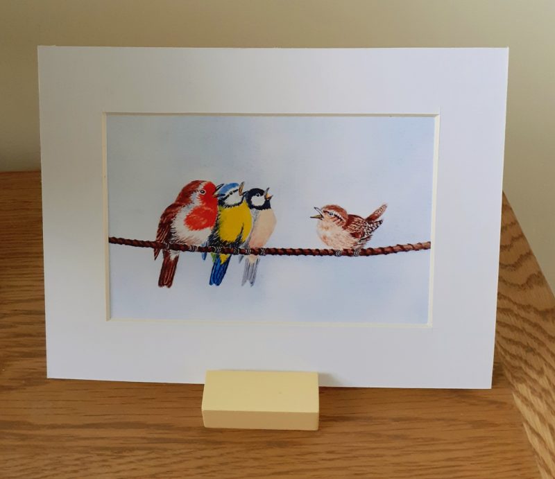 Birds on a rope. Print of an original watercolour of garden birds framed or unframed. Ideal gift.