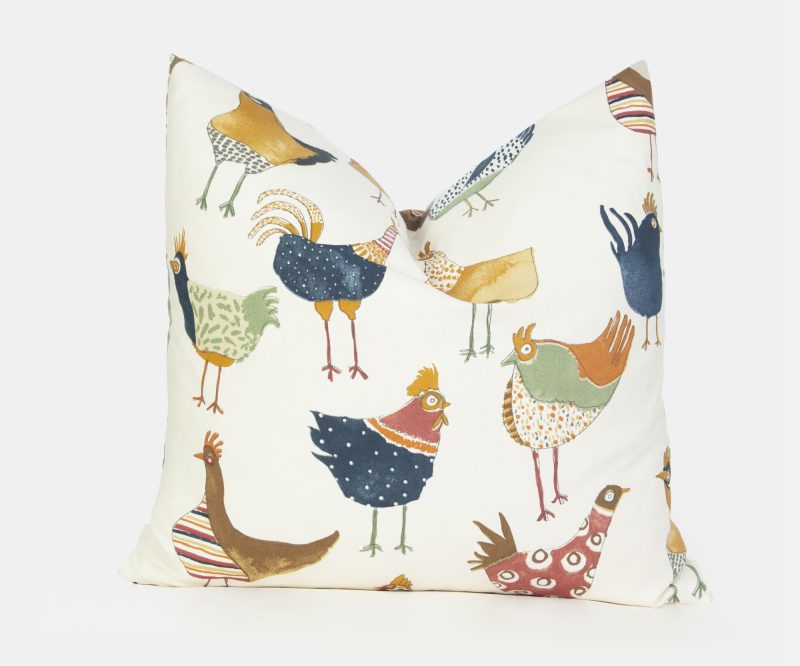 Chickens cushion cover, 17 inch, 43 cm. farmyard hen decor, country style, with zip, fits 18in. pad