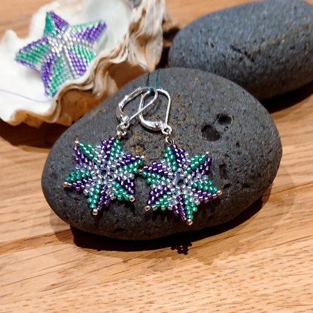 Christmas Special: Stunning Beaded Star Earrings in sparkling purple, white and green, silver hooks