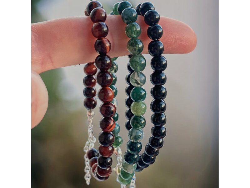 Moss Agate Beaded Bracelet with Sterling Silver Clasp
