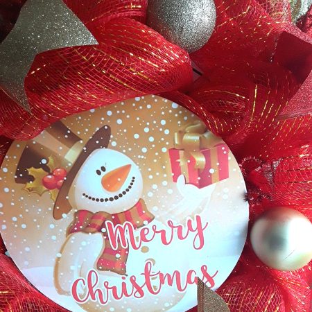 Snowman Christmas Wreath, Christmas Wall Decor, Red and Gold Christmas Door Wreath