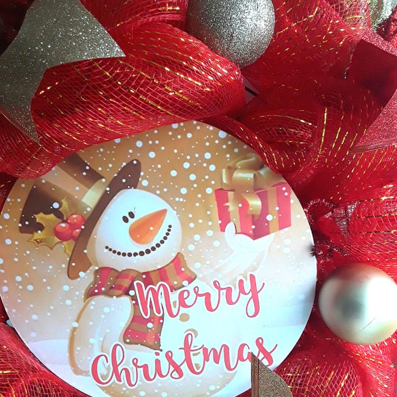 Snowman Christmas Wreath, Christmas Wall Decor, Red and Gold Christmas Door Wreath