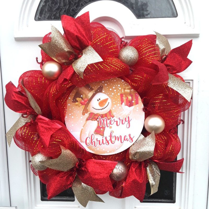 Snowman Christmas Wreath, Christmas Wall Decor, Red and Gold Christmas Door Wreath