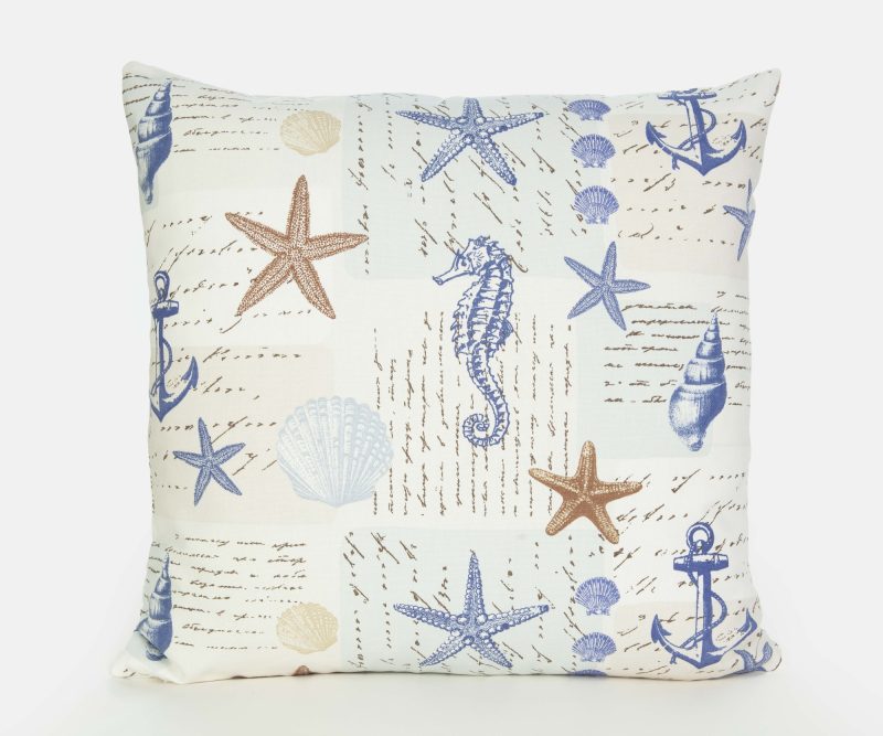 Beach theme, seaside cushion, or cover, 17in. blue and gold, coastal decor, cotton, concealed zip