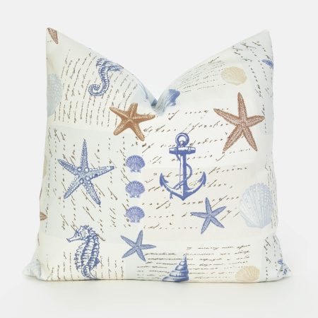 Beach theme, seaside cushion, or cover, 17in. blue and gold, coastal decor, cotton, concealed zip