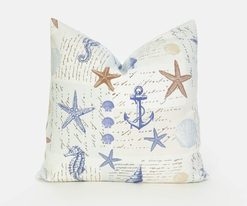 Beach theme, seaside cushion, or cover, 17in. blue and gold, coastal decor, cotton, concealed zip