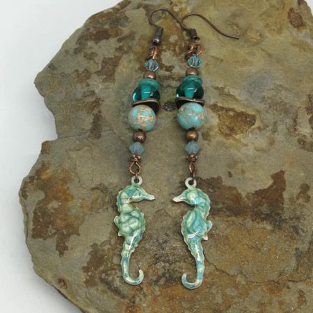 Turquoise Seahorse Dangle Earrings | Lampwork Glass | Imperial Jasper | Enamel Charms