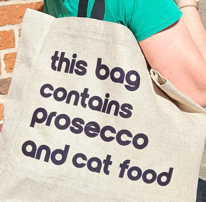 Large Faux Hessian Shopping Bag | This Bag Contains Prosecco and Cat Food | Cat Owners Shopping Bag