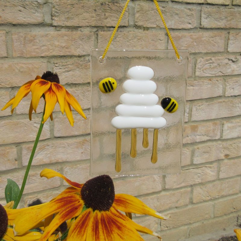 Handmade Fused Glass Beehive Dripping with Honey, perfect for bee lovers